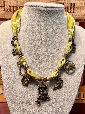 Boho Autumn Owl Floral Olive Bandana Charm Necklace